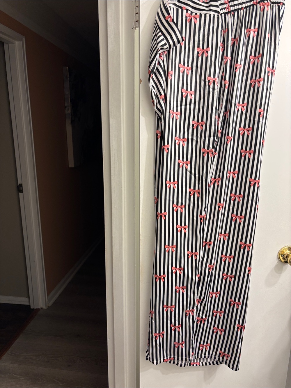 Striped Wide-Leg Pants with Pink Bow Print